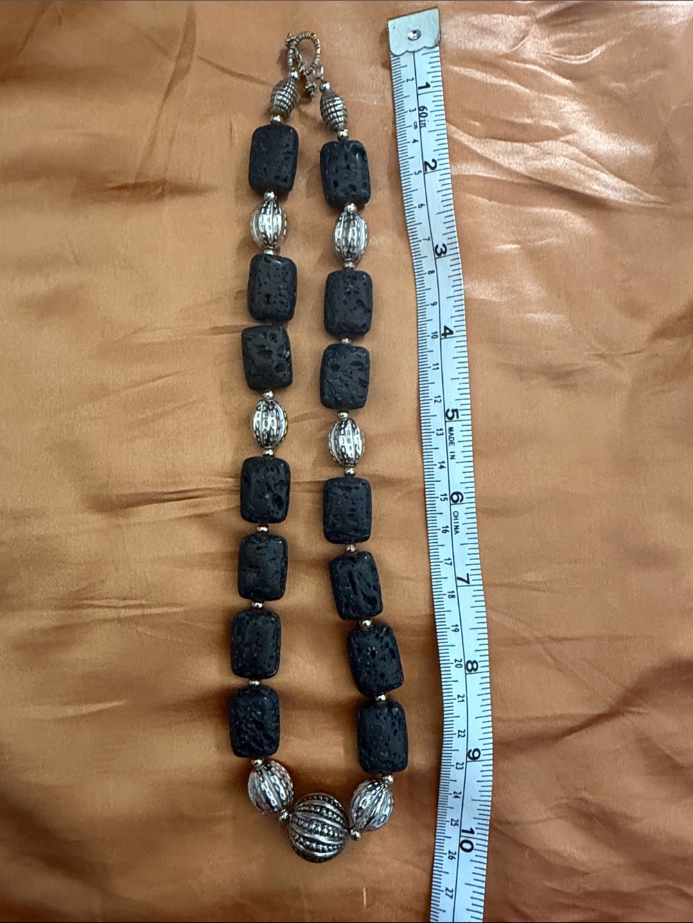 Black Lava Stone and Silver Bead Necklace